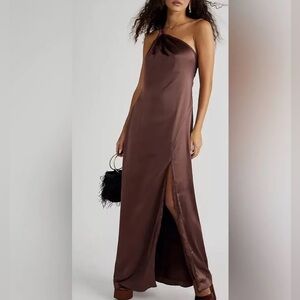 Free People Victoria one shoulder satin brown dress gown size 6
